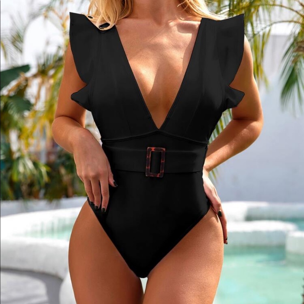 Black one piece swim suit, belt